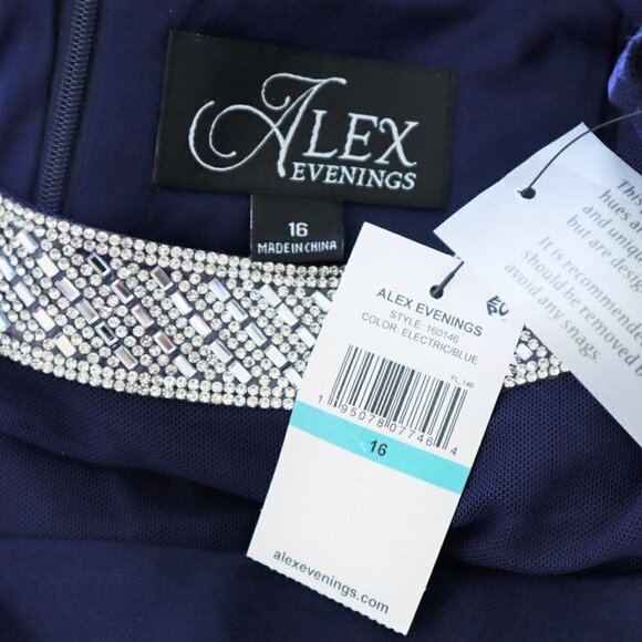 Alex Evenings Electric Blue Beaded Illusion Bell Sleeve Rhinestone Dress NWT 16 - Picture 5 of 5